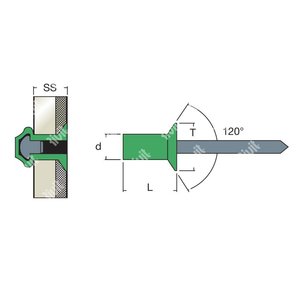 SAFS-Sealed blind rivet Alu/Steel CSKH9,5 4,8x9,5