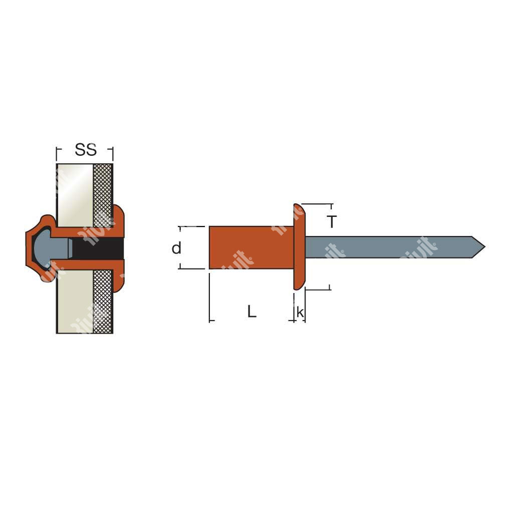 SRFT-Sealed blind rivet Copper/Steel DH 3,2x6,5
