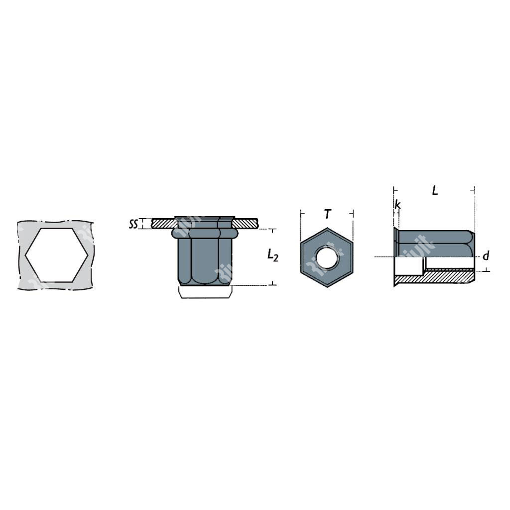 FRE-Rivsert Steel hexagonal 8,97mm h.9,0 gr0,5-3,0 RH M6/030