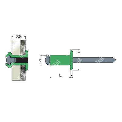 AFT6005-BLISTRIV-Alu/Ac.rivetTP VERTMOU (100pcs) 4,0x12,0