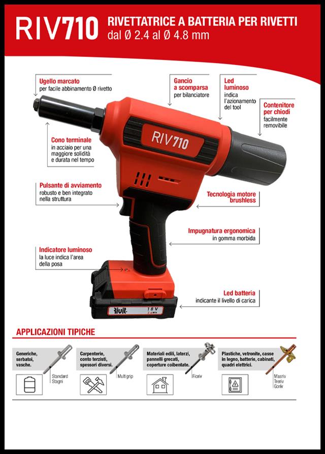 RIV710-Rivettatrice Batteria Litio 18,0V 2,0Ah x rivetti fino d.4