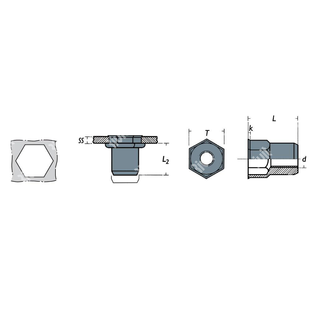 FREP-P-Inch Rivsert Steel semihex. 6,3mm h.6,4 gr0 ,5-2,0 RH M4/020