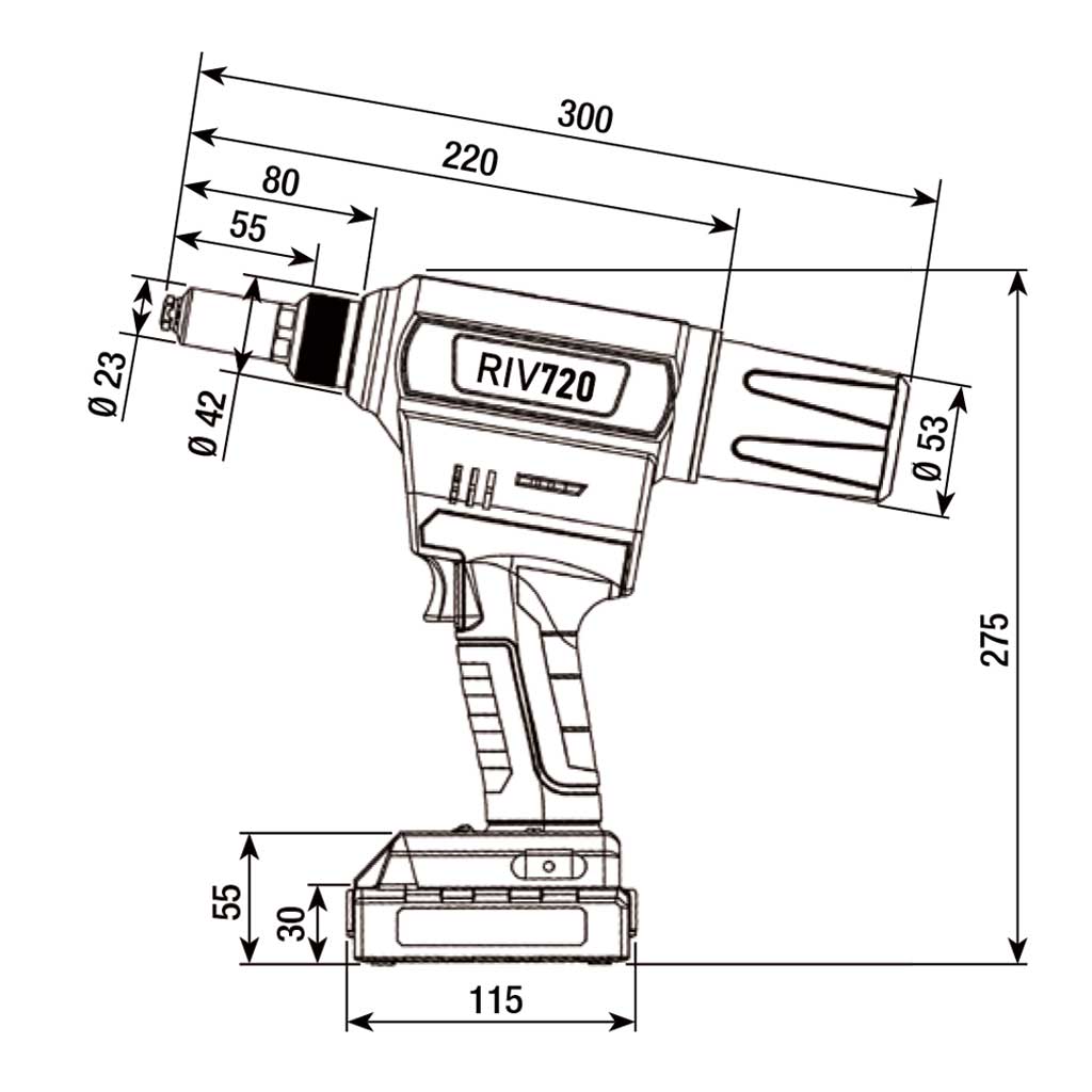 RIV720-Batt tool for rivets max d.6,4 w/2batt+chrg RIV720