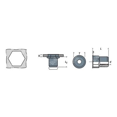 FREPT-Rivsert Steel semihexagonal 12,90 mm h.13,0 gr.1,0-3,5-RH M10/035